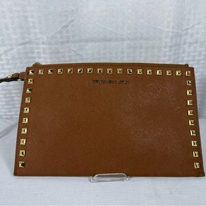 7533: Michael Michael Kors Studded Brown Saffiano Leather Wristlet